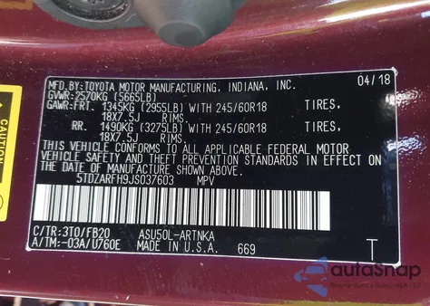 2018 Toyota Highlander Le from USA, damaged, VIN 5TDZARFH9JS037603